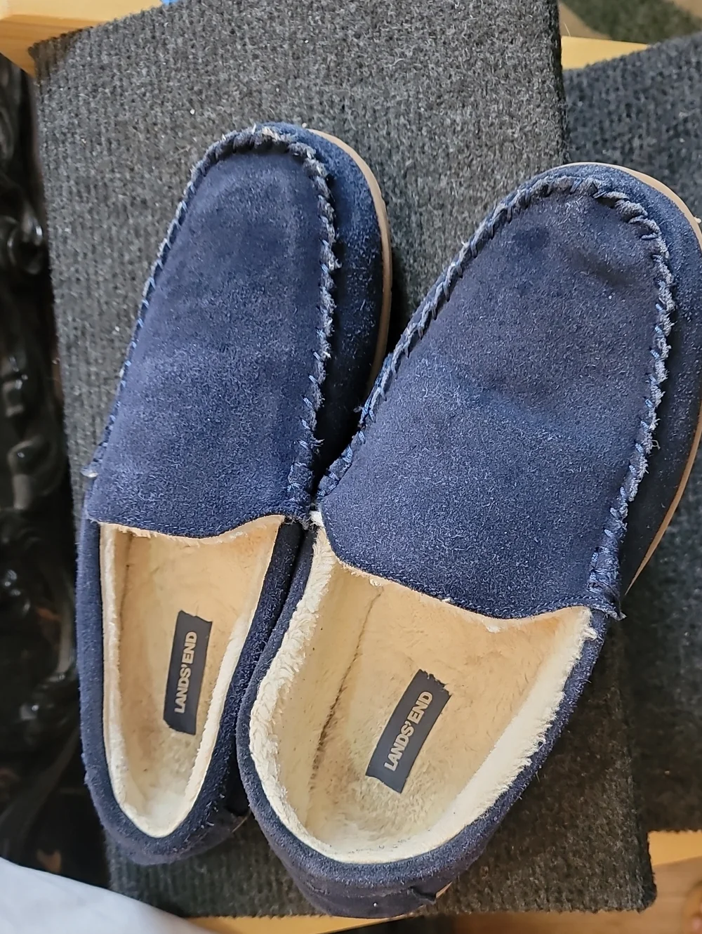 Lands' End Men's Navy Suede Moccasins with Shearling Lining
